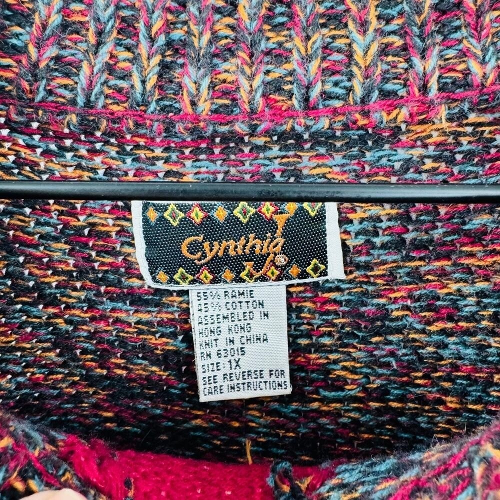 Vintage Cynthia Sweater 1X Boho Southwestern Fringe Hem Colorful Knit‎ - Picture 3 of 7
